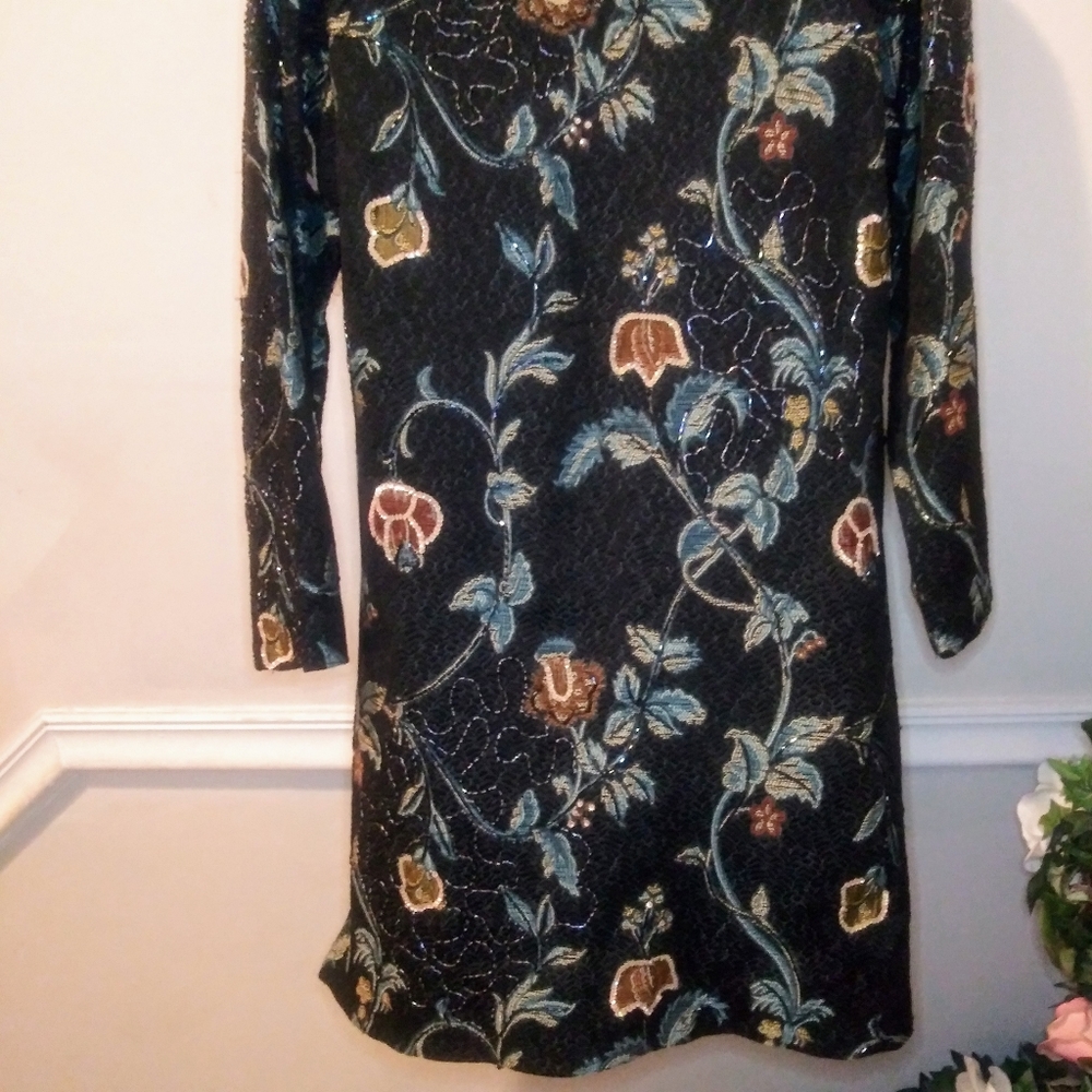 Indigo Moon Boho Beaded & Sequinned Black/Multi Long Floral Brocade Coat - Picture 10 of 12